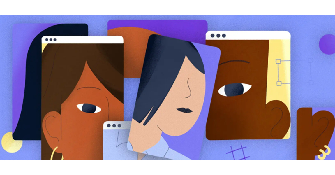 Digital illustration of different female faces on screens