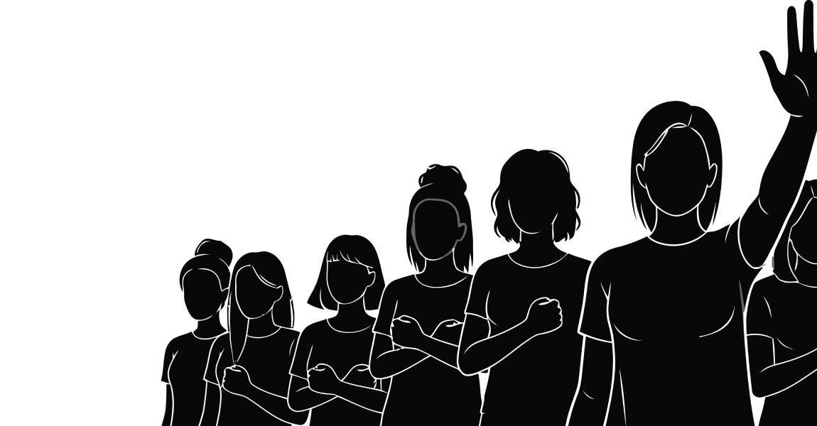 silhouettes of women standing, one with a hand raised, with the white ribbon represented at the bottom of the image