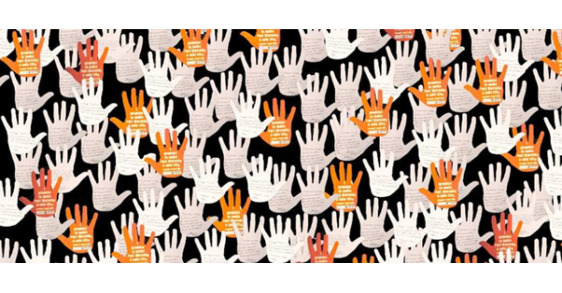 Digital illustration of multiple handprints with messages written on the palms.