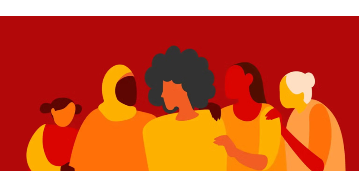 Brightly coloured illustration of a group of women.